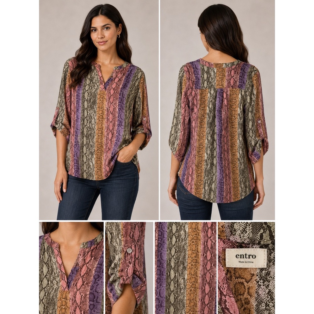 Entro Womens Multi Color Snakeskin Striped Roll Tab Sleeve V-Neck Blouse Top